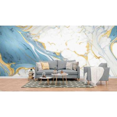 Imagem de Papel de Parede Painel 3D Mármore Branco Azul e Ouro 4M Revestimento P