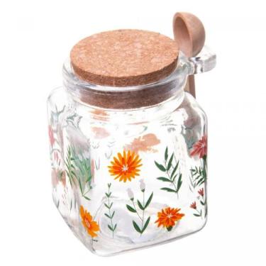 Imagem de Porta Mantimento Quadrado De Vidro Com Tampa E Colher De Bambu Flora 2