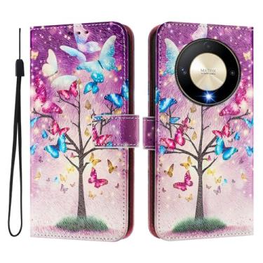 Imagem de Capa carteira para Honor Magic6 Lite, 3 compartimentos para cartão, 1 compartimento para dinheiro, capa flip de couro PU com padrão fofo, capa com fivela magnética à prova de choque, compatível com