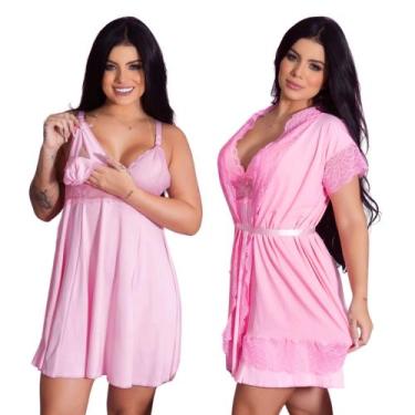 Imagem de Kit  Robe Roupão e Camisola Amamentação Com Renda Vestido de Dormir Pa