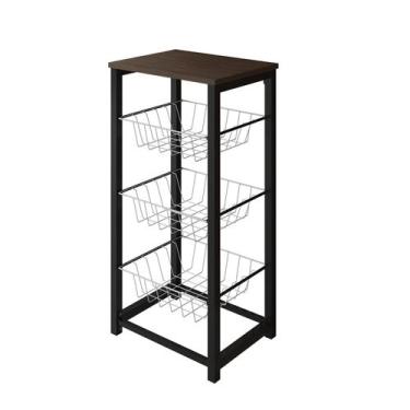 Imagem de Fruteira de Chão Cozinha Desmontada Aço Preto Cesto Branco Tampo Amend