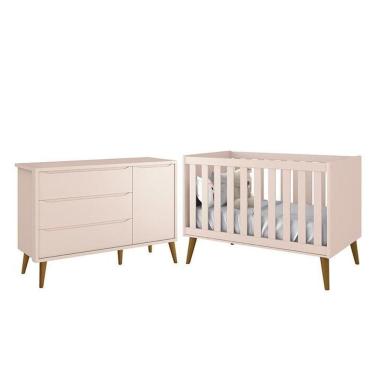 Imagem de Jogo De Quarto Infantil Theo Retrô Cômoda 1 Porta E Berço Rosa Fosco Com Pés Amadeirado Reller Móveis Rosa Fosco