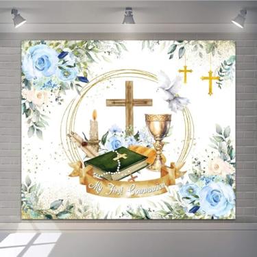 Imagem de Pano de fundo My First Holy Communion Baptism 3 x 2 m, flor azul floral Mi Bautizo cenário fotográfico meninos meninas God Bless Mi Primera Comunion chá de bebê festa de batizado decoração de fundo
