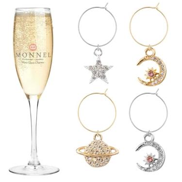 Imagem de MONNEL Marcadores de vidro P651 Little Moon Saturno e Star Wine Charms para decorações de festa com bolsa de veludo - Conjunto de 4, 1.9 cm (L) x 0.2 cm (D) x 1.5 cm (H), Cobre metal de liga de zinco
