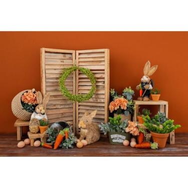 Imagem de Pano de fundo de páscoa primavera com tema de páscoa decoração de pano de fundo com tema de páscoa floral marrom cerca fundo de páscoa palha coelho coelho ovos decoração fundo de páscoa 2,1 x 1,5 m