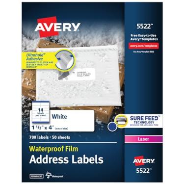 Imagem de Avery Etiquetas de endereço à prova d'água com Sure Feed e TrueBlock 3 x 4 polegadas, 3.500 etiquetas brancas a laser (5522)
