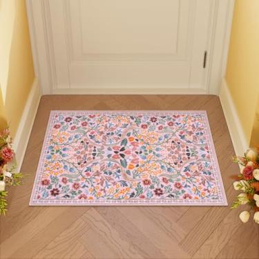 Imagem de Moynesa Tapete floral rosa lavável, 2x3 Boho tapetes de banheiro antiderrapante macio para quarto, tapete de flor ultrafina pequena para entrada tapete de porta interna para cozinha, cama, rosa