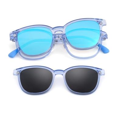 Imagem de EYEBUDDY Óculos de sol com clipe magnético infantil, óculos de sol polarizados UV para meninos e meninas (1 armação + 2 suportes de lentes magnéticas), Armação azul