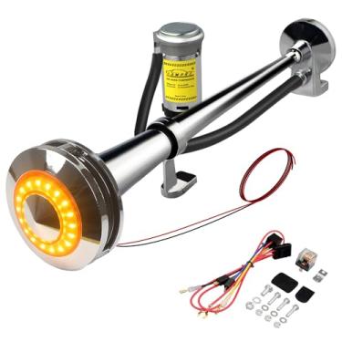 Imagem de GAMPRO Buzina de ar para carro 12V 150DB com luz, 45,7 cm cromo zinco único trompete caminhão buzina de ar com compressor para qualquer veículo de 12 V, caminhões, trens, barcos, carros