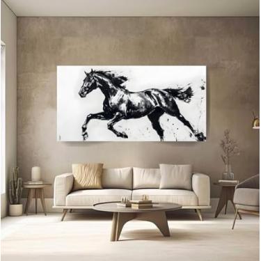 Imagem de Quadros Decorativos para Quarto Hall Cavalo Correndo Preto e Branco Escritório Sala (90x60)