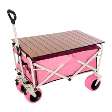 Imagem de carroça Carrinho de vagão com rodas dobrável, carrinho de jardim de acampamento com alça ajustável, vagão de praia com rodas grandes e mesa dobrável dobrável
