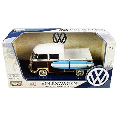 Imagem de Volkswagen Type 2 (T1) Delivery Pickup w Surfboard MOTORMAX Diecast 1:24 Scale Brown & Pink 79560