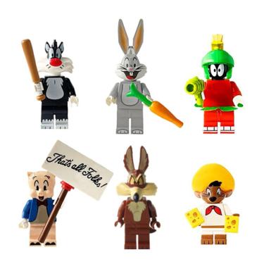 Imagem de Kit 6 Bonecos Looney Tunes Frajola Pernalonga Bloco De Montar