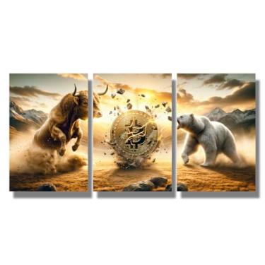 Imagem de Arte de parede motivacional impressão em tela Bull and Bear Mercado financeiro decoração de escritório 3 peças impressões emolduradas citação empreendedor decoração emoldurada pronta para pendurar -