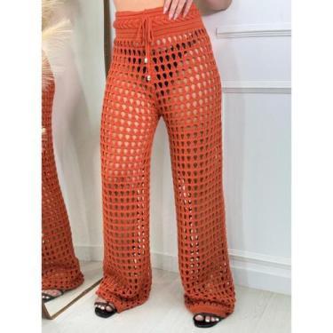 Imagem de Calça Saída de Praia Elegante Ponto Croche Pantalona Furadinha Rendada