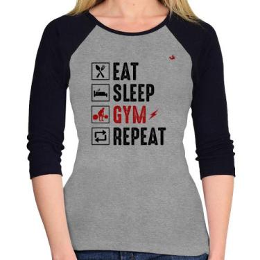 Imagem de Baby Look Raglan Eat, Sleep, Gym, Repeat Manga 3/4 - Foca na Moda, Cin