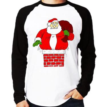 Imagem de Camiseta Raglan Papai Noel Chaminé Manga Longa - Foca na Moda, Branco,