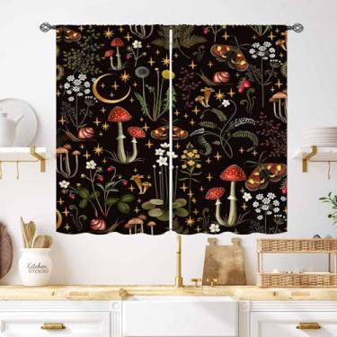 Imagem de Cortinas de cogumelo, retrô, botânica, floresta, flores, plantas, ervas, casa de fazenda, chalé rural, cortinas pretas, tratamentos para cozinha, quarto, sala de estar, banheiro, janela, 2 painéis,