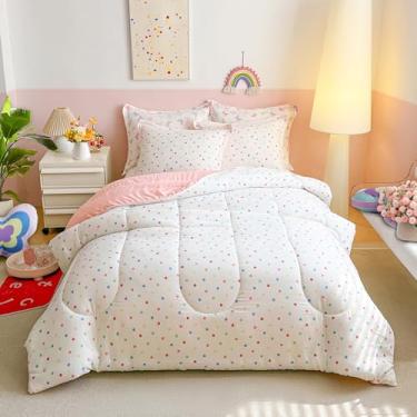 Imagem de Joyreap Conjunto de edredom solteiro para meninas, design de bolinhas coloridas branco e rosa, 3 peças de microfibra para todas as estações - 172 x 223 cm
