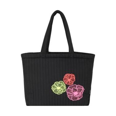 Imagem de SKAPADORO Sacola de algodão acolchoada com zíper, bolso interno com zíper, bolsa de mão bordada multiuso para mulheres/meninas, para compras, viagens, faculdade, academia, trabalho, bolsa de ombro
