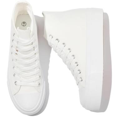 Imagem de POVOGER Tênis de plataforma para mulheres, moderno, cano alto, lona, branco, sapatos de plataforma, casuais, com cadarço, cano médio, Todo branco, 36