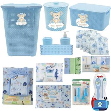 Imagem de Kit Cesto Rattan + Enxoval Bebê Organizador Lixeira Fraldas - Monte Lí