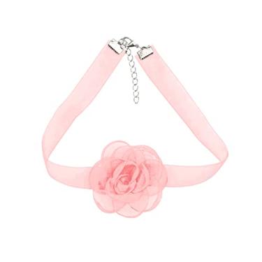 Imagem de POYAMUSE Colar gargantilha de renda de flor rosa com pingente de renda para mulheres, bijuterias de fantasia de casamento, Medium, Latão, Metal