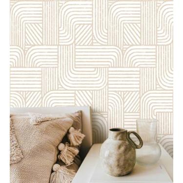 Imagem de Lativo Papel de parede moderno para contato boêmio para gavetas de armários 43 pol. L 993 pol. Papel de parede autoadesivo geométrico listrado bege e branco para quarto banheiro decoração de parede