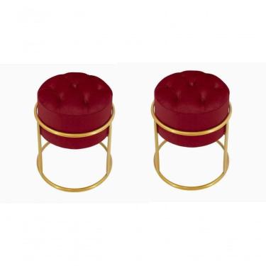 Imagem de Kit 2 Puff Banqueta Estofado Decorativo Base De Ferro Capitonê Suede Bordo Eli Móveis E Decoração