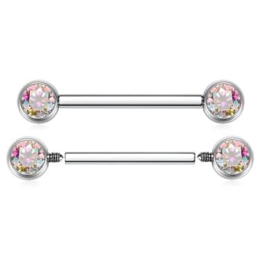 Imagem de FUNLMO 1 par de anéis de mamilo de 14 g, joias de piercing de mamilo com costas planas G23, joia de mamilo de titânio, roscada, internamente, barra, língua, ponte, joia para mulheres, Titânio