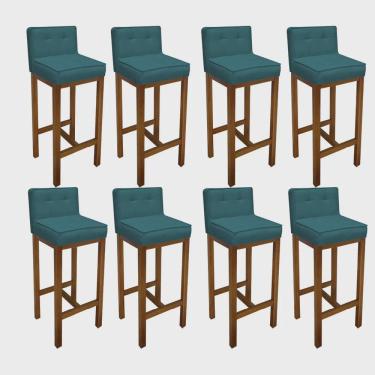 Imagem de Kit 08 Banqueta Alta Com Encosto Alba Cozinha Balcão Bistrô Base Madeira Rústico Suede Azul Turquesa - Ahz Móveis