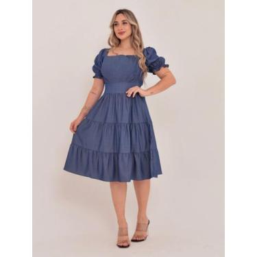Imagem de vestido midi luxo chambray imitação de  jeans manga curto 1101 - NoBra