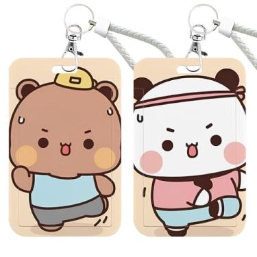 Imagem de YOKUSHI Porta-crachá de identidade fofo Bubu Dudu Bears, 2 peças com clipe de corda removível para pendurar – porta-cartões de plástico para mulheres, enfermeiras, presentes de trabalho (marrom)