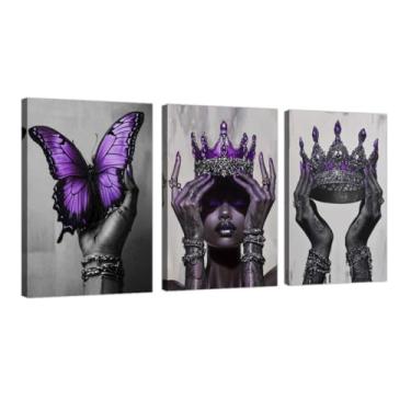 Imagem de DOARTDO Arte de parede em tela afro-americana 3 peças impressão de arte preta moda roxa fotos de mulher negra com coroa pintura rainha africana decoração de casa emoldurada (40,6 x 61 x 3 peças)