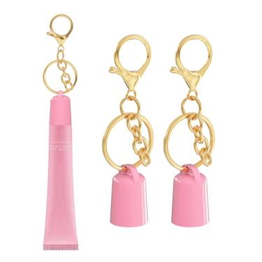 Imagem de Sonnorel Pacote com 2 chaveiros de brilho labial compatíveis com protetor labial Sum mer Fridays, boné de chaveiro, suporte de brilho labial (boné rosa, chaveiro dourado)