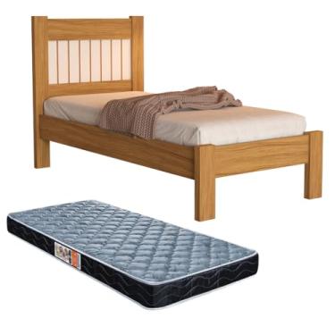 Imagem de Cama Solteiro Bela Com Painel Ripado E Colchão (Nature/OFf)