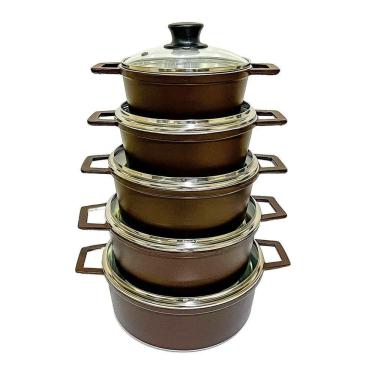 Imagem de Jogo 5 Panelas Alumínio Batido Fundido Marrom Premium Tampa De Vidro