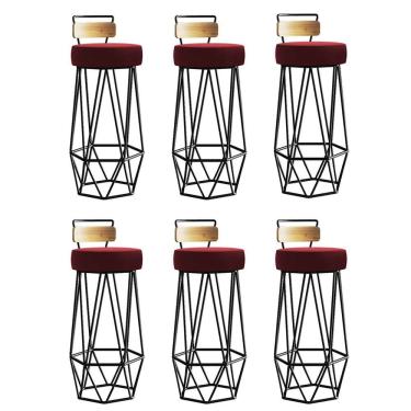 Imagem de Kit 06 Banqueta Com Encosto Botty Cozinha Rosa Ferro Preto Corino Vermelho - Amey Decor