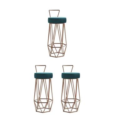 Imagem de Kit 03 Banqueta Com Encosto Botty Hexágono Cozinha Bar Ferro Bronze Suede Azul Turquesa - Amey Decor