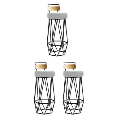 Imagem de Kit 03 Banqueta Com Encosto Botty Hexágono Cozinha Peroba Rosa Ferro Preto Suede Branco - Amey Decor