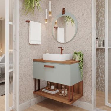 Imagem de Gabinete Suspenso Banheiro Mari 60cm Com Cuba E Espelheira Lua Espresso Móveis Pistache