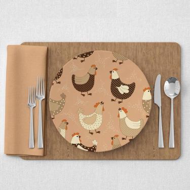 Imagem de Kit Capa De Sousplat Estampado Com Guardanapos Mesa Posta Jogo Americano 08 Lugares - Decoração Cozinha Cor Galinha Bege
