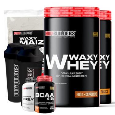 Imagem de Kit 2x Waxy Whey 900g + Waxy Maize 800g + Power Creatina 100g + BCAA 4,5 100g + 2x Coqueteleira - Bodybuilders (Cappuccino e Paçoca)