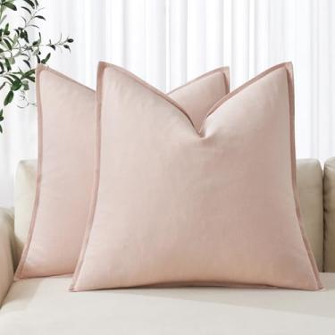 Imagem de MIULEE Capas decorativas de linho Euro Sham 66 x 66 cm rosa claro boho casa de fazenda almofadas de sofá neutra para cama pacote com 2 fronhas modernas de destaque para sofá sala de estar decoração de
