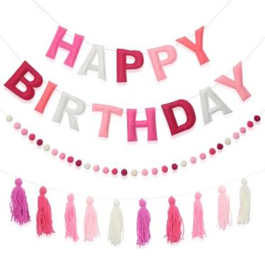 Imagem de Ohiyoo Faixa De Feliz Aniversário Pré-Enfiada, Bola Feltro, Guirlanda, Sinal Para Decoração Festa Rosa, Sereia