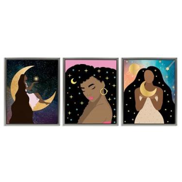 Imagem de Stupell Industries Beautiful Cosmic Women 3 peças cinza emoldurado conjunto de tela flutuante design por Daniela Santiago, 25 x 31