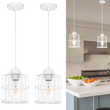 Imagem de DSMJFU Conjunto De 2 Luminárias Pendentes Industriais Brancas Modernas, Ilha Cozinha Com Gaiola Vidro Transparente, Cordão Ajustável Para Decoração Ilha, Iluminação Sobre A Pia Do Banheiro