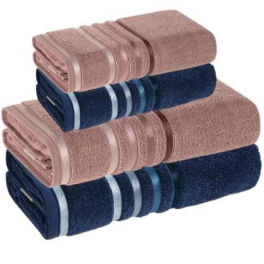 Imagem de Jogo De Toalhas Karsten Banhão Gigante + Rosto Fio Penteado Lumina 4 Peças (Rosa Vintage com Marinho)