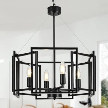 Imagem de Gisisee Lustre Industrial Preto Geométrico Fosco Moderno, 4 Lâmpadas (E12/16,5"), Luminária Pendente Estilo Fazenda Para Sala De Jantar, Ilha Cozinha, Quarto, Hall Entrada, Escadas