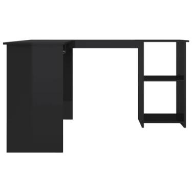 Imagem de Mesa de canto em forma de L, preto de alto brilho 120 x 140 x 75 cm, madeira projetada com seção de teclado deslizante, 2 prateleiras abertas. Estação de trabalho moderna para escritório em casa ou